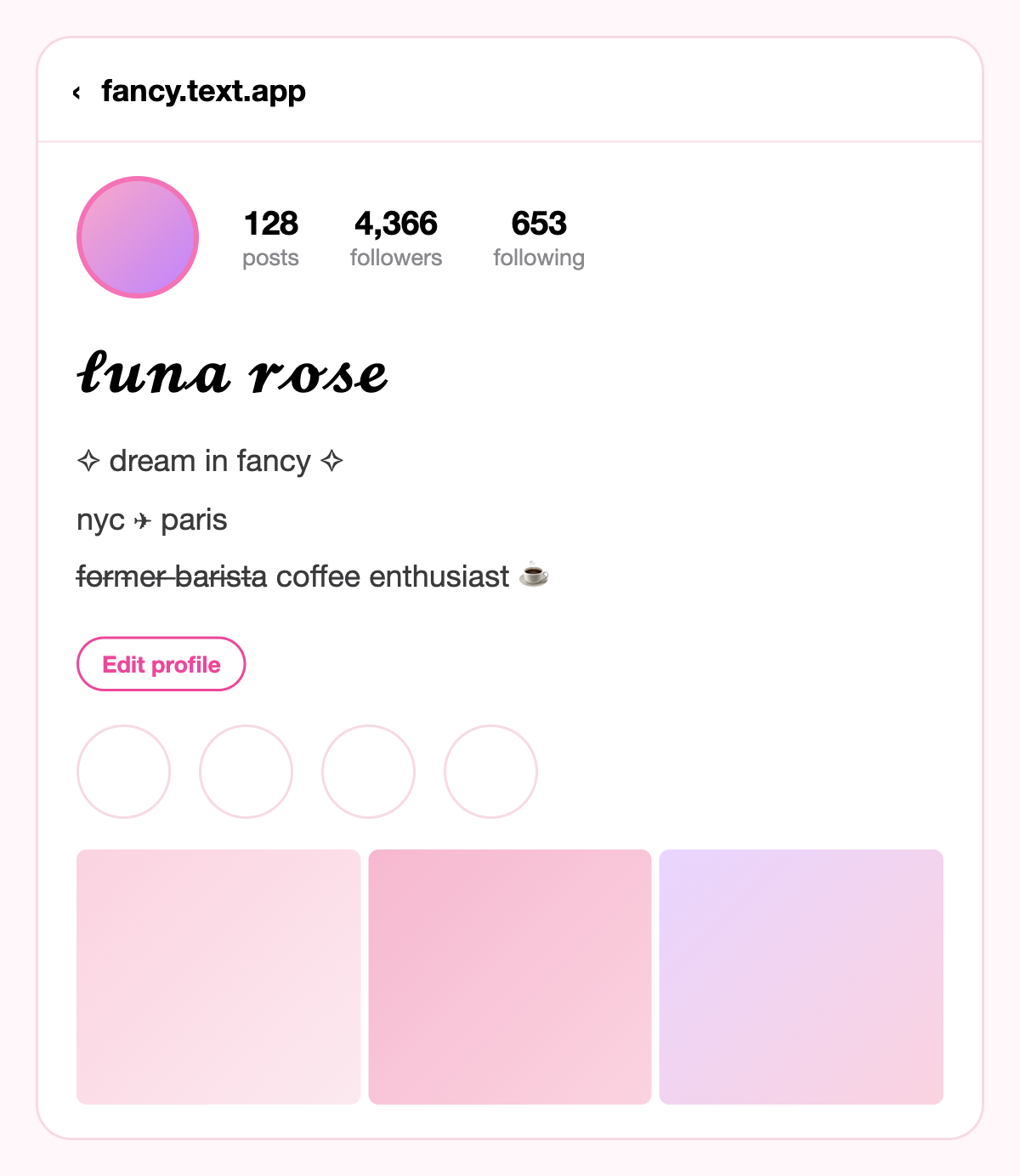 Instagram-style profile with a calligraphy script display name, a sparkle bio, and struck-through text joking about being a former barista