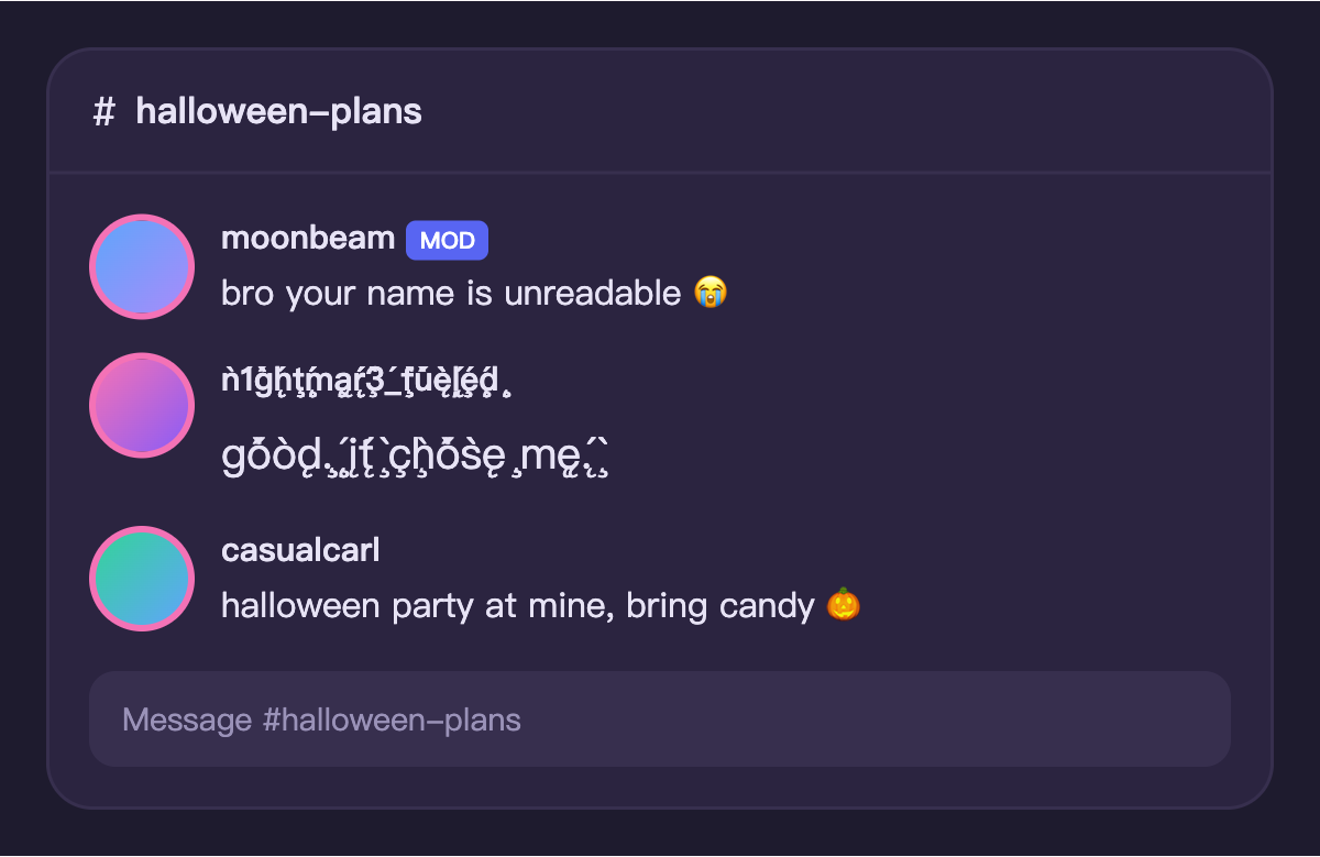 Dark mode chat channel where one member has a heavily corrupted zalgo nickname and replies with glitched text while other messages stay plain