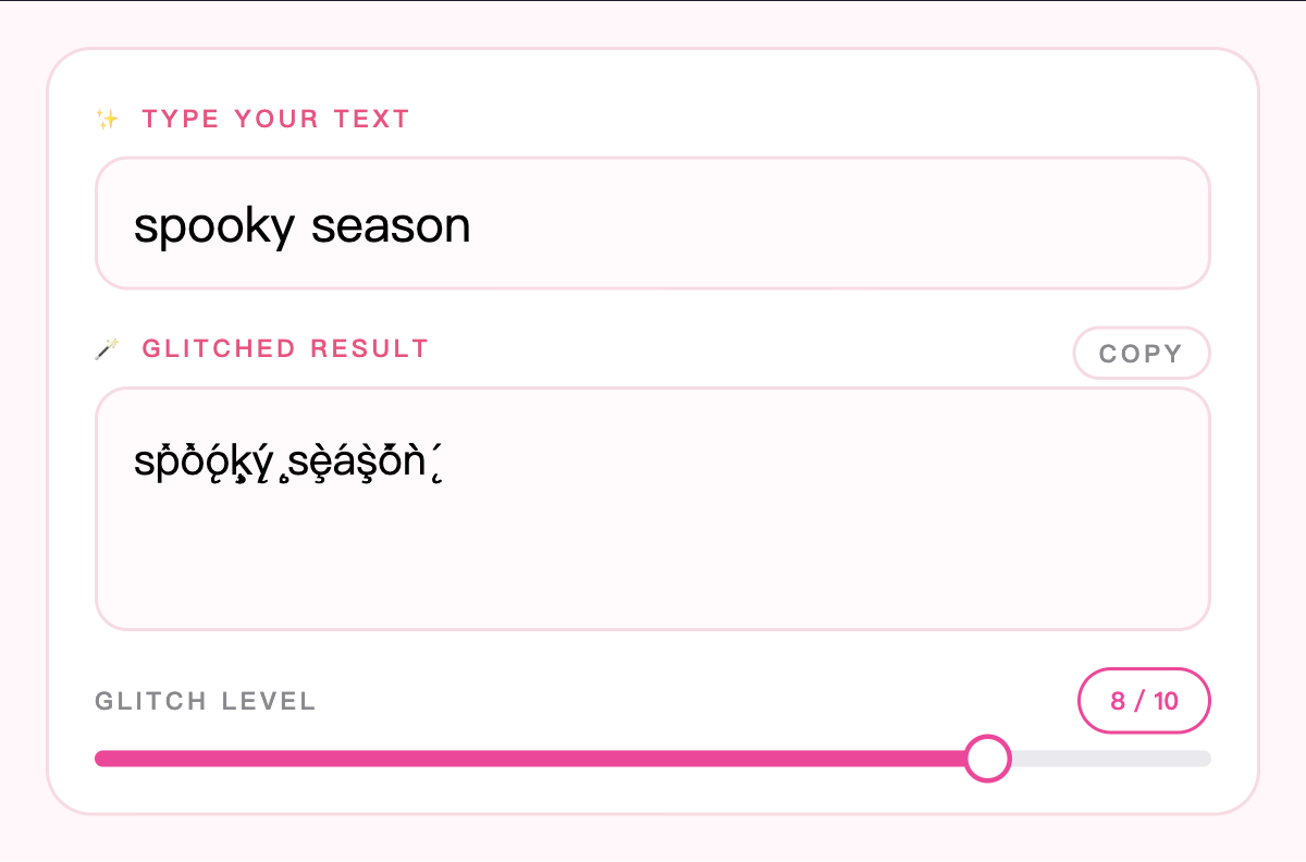 The glitch text generator with spooky season typed on the left and the glitch level slider pushed to 8 out of 10 on the result