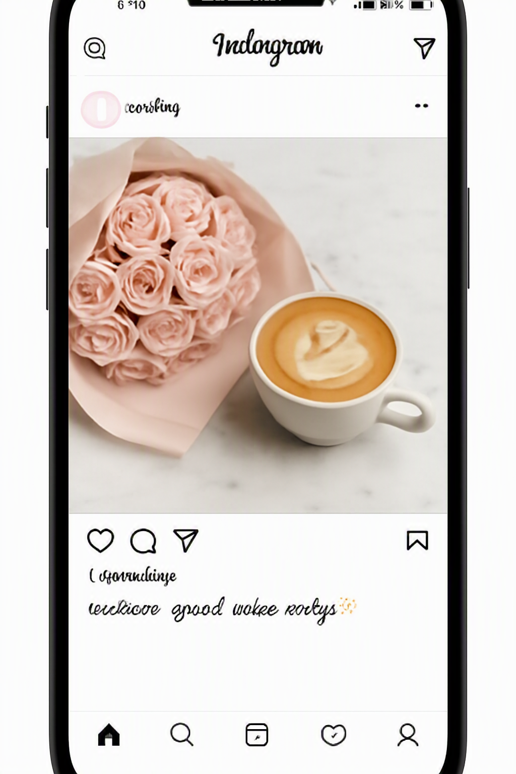 Phone screenshot of an Instagram-style feed post with a pastel bouquet photo and a cursive caption reading good vibes only