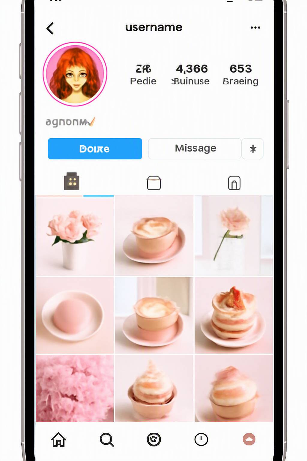 Phone screenshot of an Instagram-style profile page with cursive display name, stats, highlights and a pastel photo grid